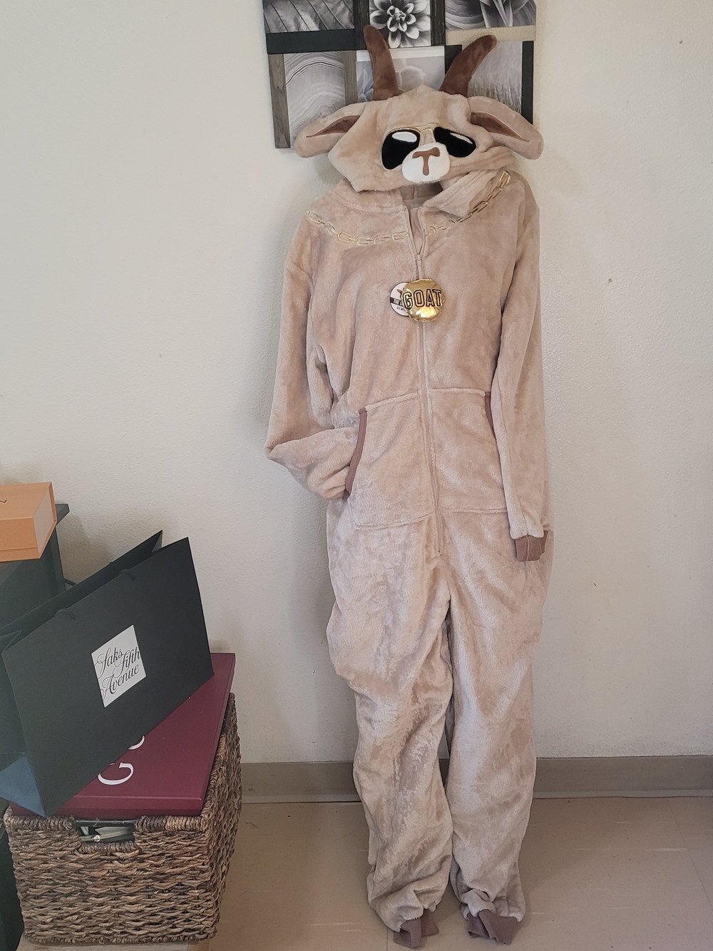 Holiday Time Beige GOAT Onesie Pajama with Hood and Ears